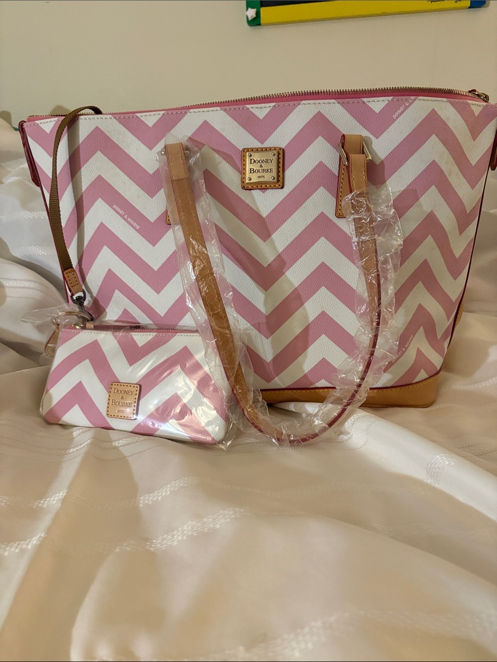 Dooney & Bourke Pink and White Chevron Tote with Wristlet